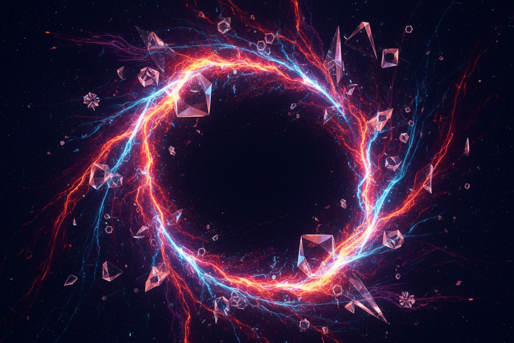 Cosmic tech-streetwear hero banner with electric purple, neon blue, molten orange and volcanic red energy