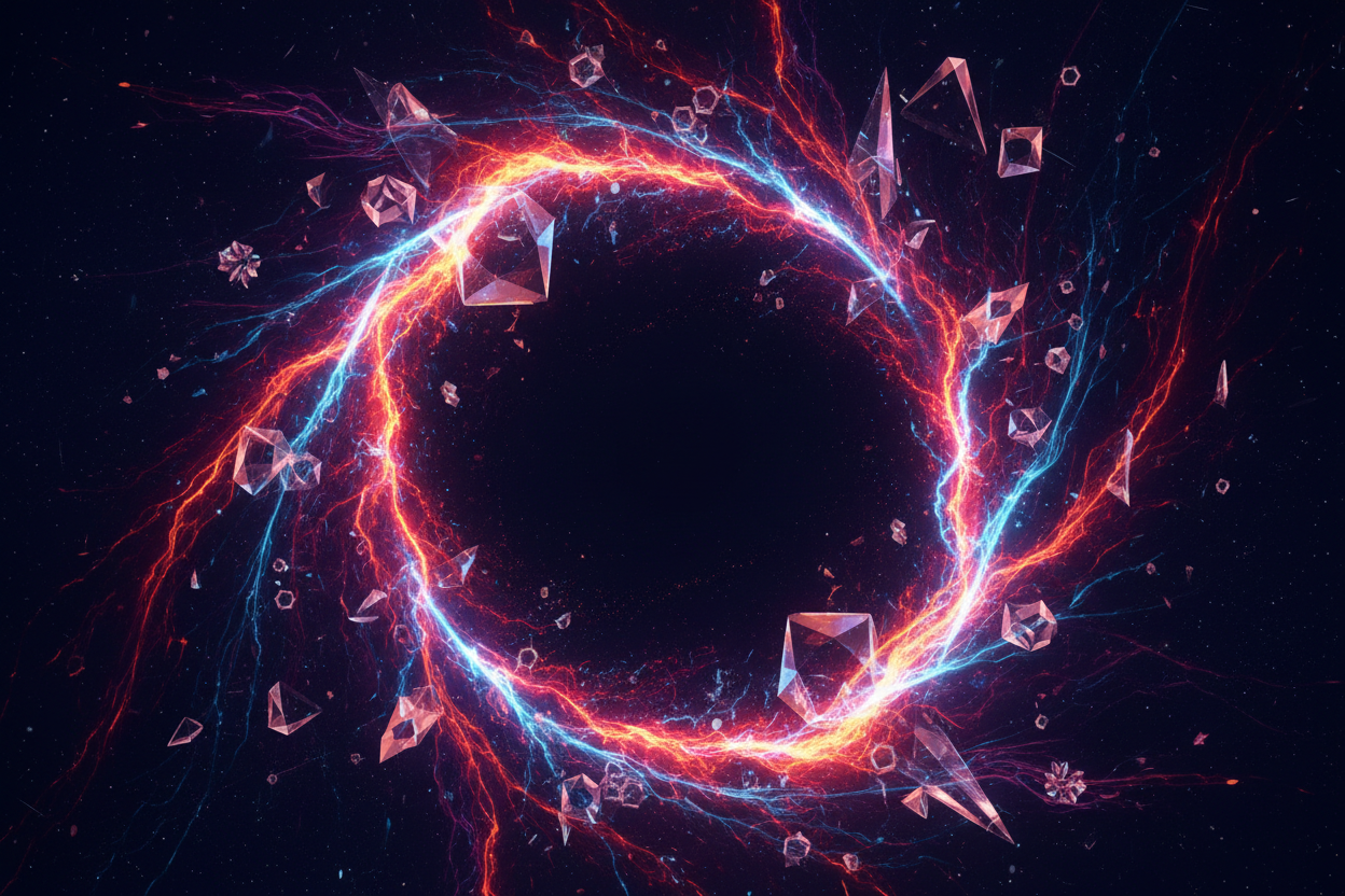 Cosmic tech-streetwear hero banner with electric purple, neon blue, molten orange and volcanic red energy