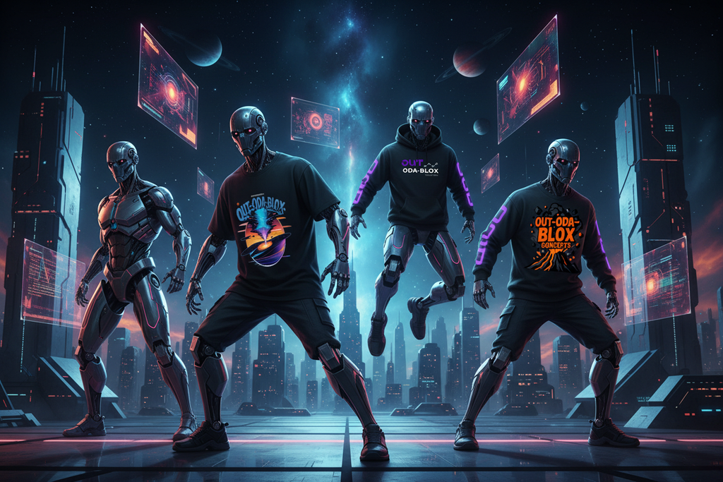 Futuristic cyborgs wearing Out-Oda-Blox black streetwear with cosmic neon accents